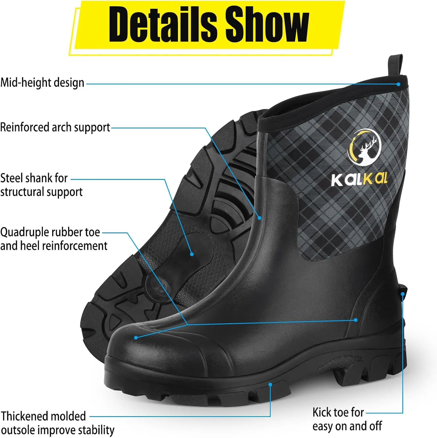 Kalkal Rubber Boots for Men, 6mm Neoprene Insulated Rain Boots with Steel Shank, Waterproof Mid Calf Rubber Work Boots For Mud Gardening Farming Fishing Hunting Working, Size 7-14