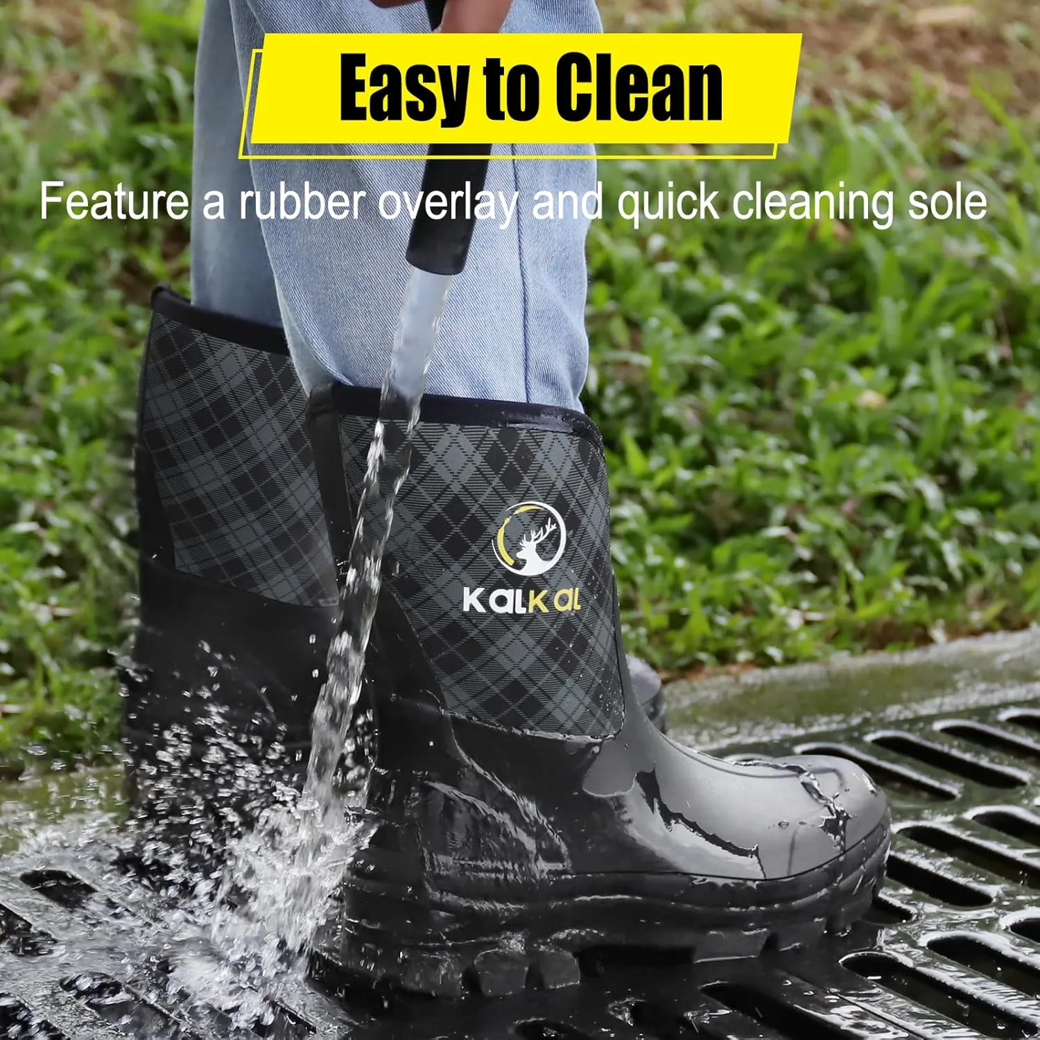 Kalkal Rubber Boots for Men, 6mm Neoprene Insulated Rain Boots with Steel Shank, Waterproof Mid Calf Rubber Work Boots For Mud Gardening Farming Fishing Hunting Working, Size 7-14
