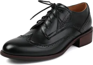 KiutSymo Women's Wingtip Oxford Shoes Lace up Round Toe Oxfords Chunky Heel Vintage Brogue Shoes Office Work Casual