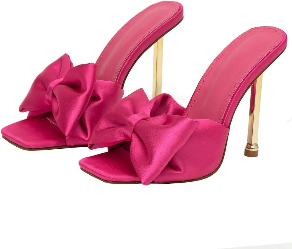 KOKOMOMO Womens Bow High Heels Mules Stiletto Slides Mule Heels Open Toe Heeled Sandals with Bowknot