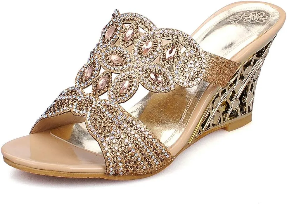 KOKOMOMO Women's Open Toe Wedge Rhinestones Mule Sandals Slip On High Heel Glitter Wedding Dress Slide Sandals