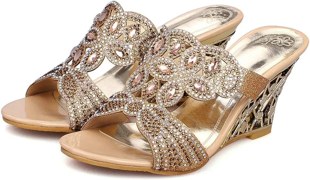 KOKOMOMO Women's Open Toe Wedge Rhinestones Mule Sandals Slip On High Heel Glitter Wedding Dress Slide Sandals