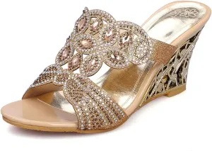 KOKOMOMO Women's Open Toe Wedge Rhinestones Mule Sandals Slip On High Heel Glitter Wedding Dress Slide Sandals