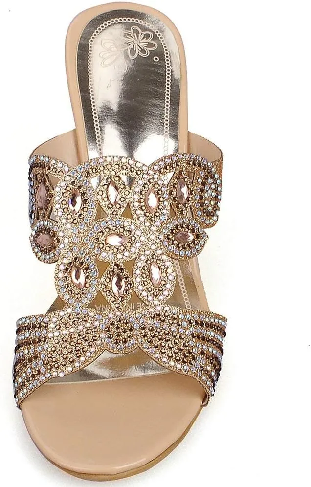 KOKOMOMO Women's Open Toe Wedge Rhinestones Mule Sandals Slip On High Heel Glitter Wedding Dress Slide Sandals