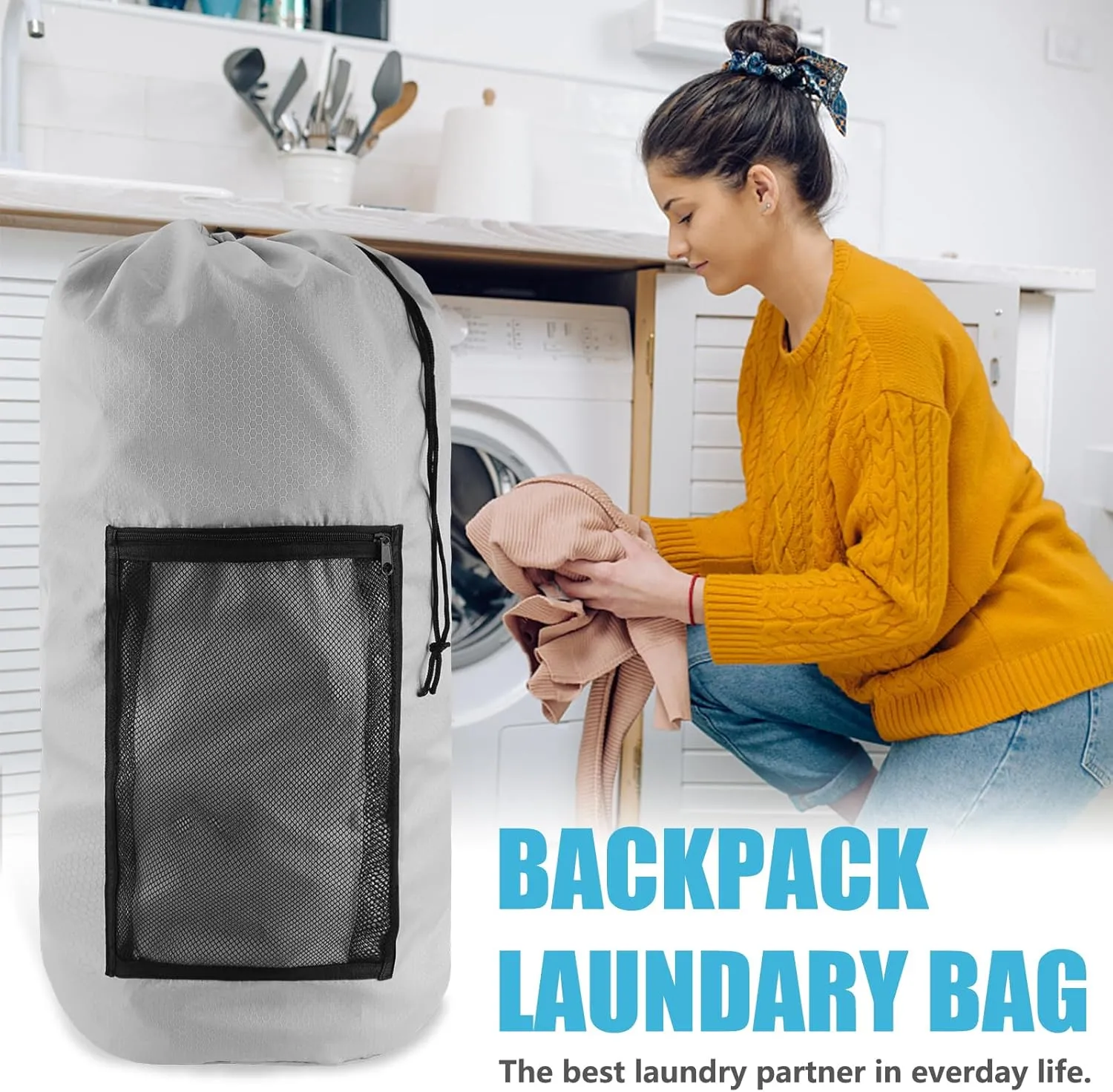 Laundry Bag Backpack, 2PCS Extra Large Travel Laundry Bag with Mesh Pocket & Adjustable Shoulder Straps,Dirty Clothes Travel Bag for College Students Dorm,Apartment(Light Gray)