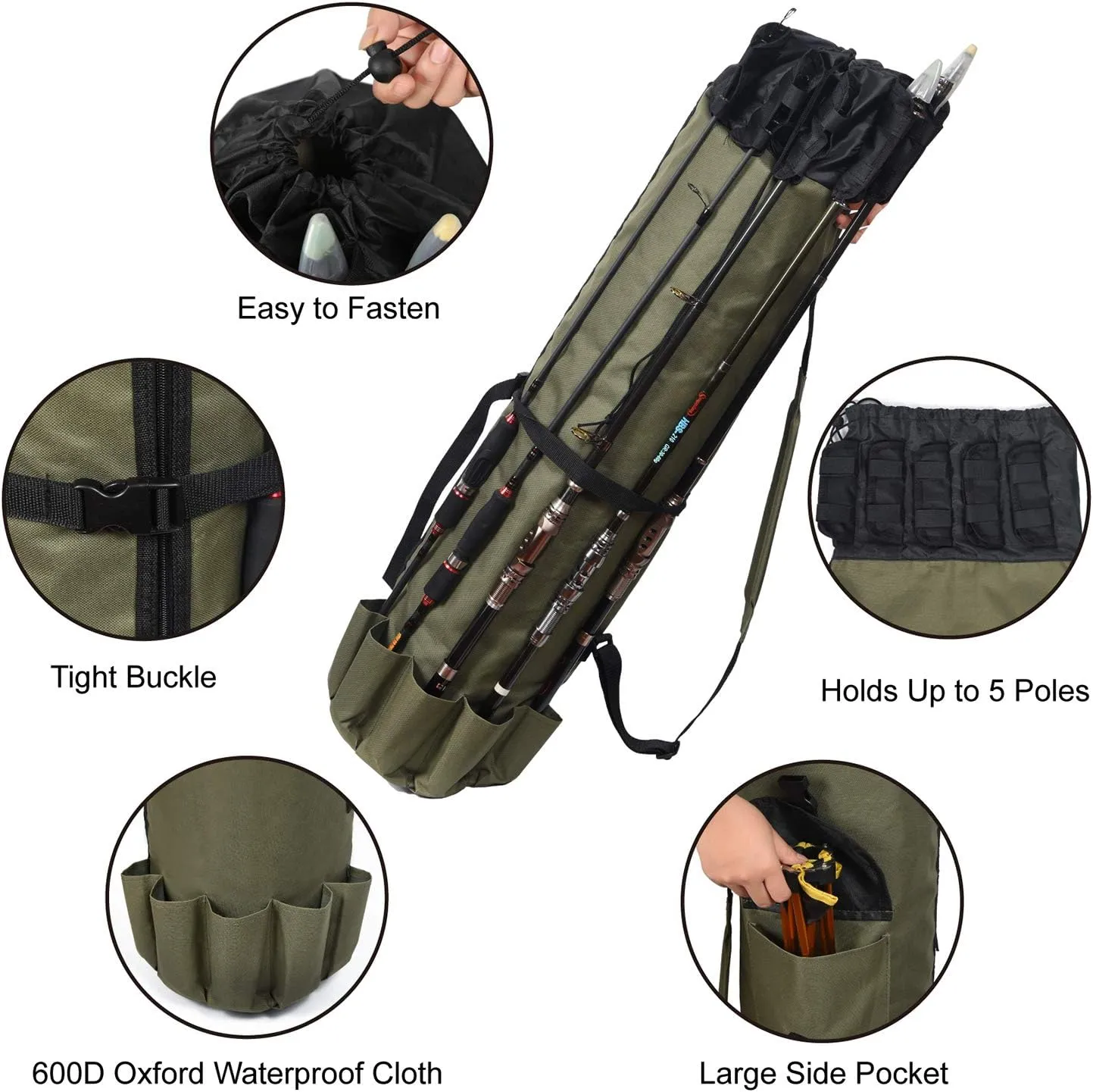 LEADALLWAY Portable Fishing Rod Case - Durable Folding Oxford Fabric Tackle Carry Bag - Multifunction, Large Capacity, Waterproof - Holds 5 Poles