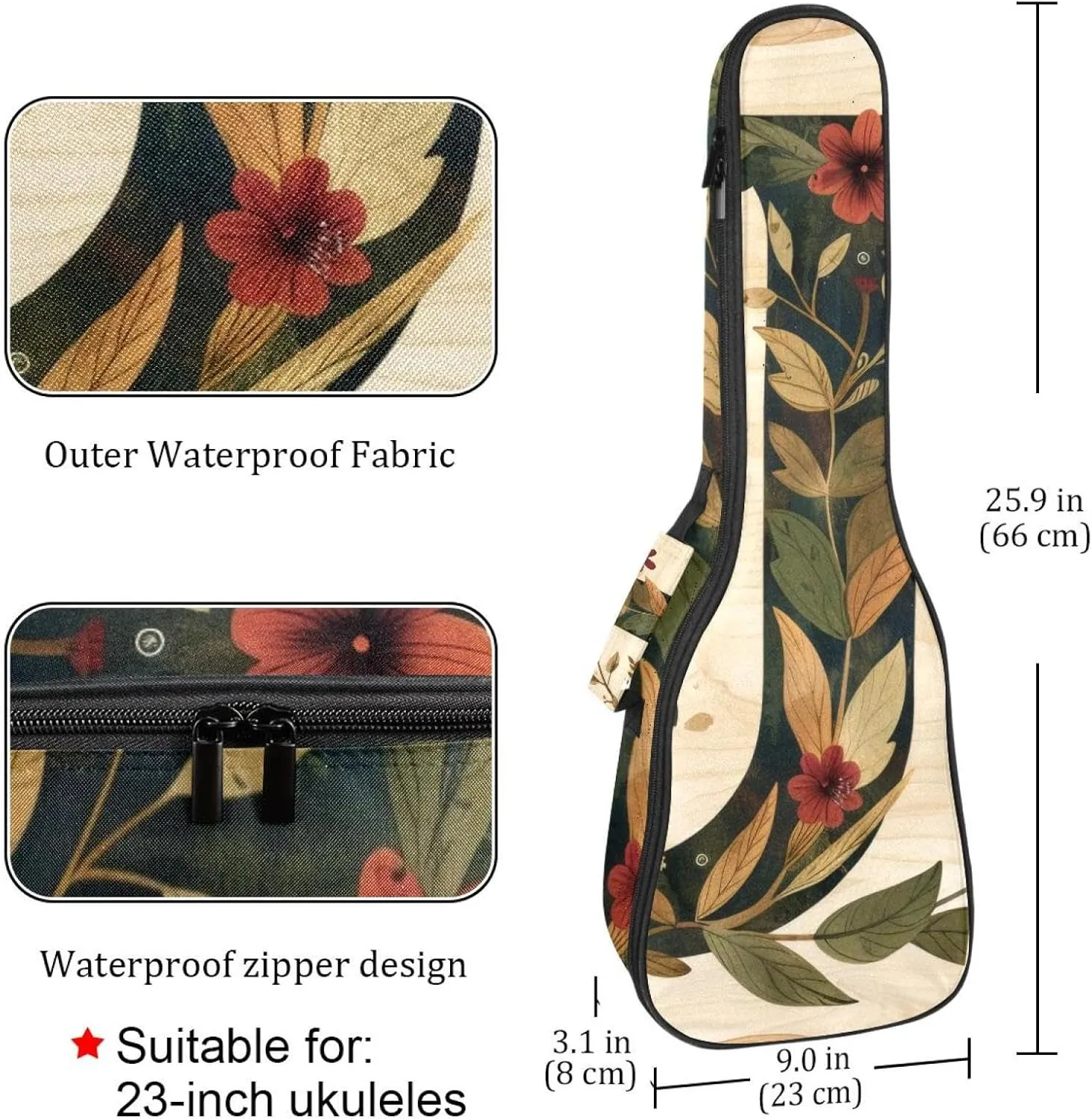 Letter J with Leaves Retro Pattern Ukulele Case, Padded Bag for 23 Inch Concert Ukulele, Waterproof & Durable