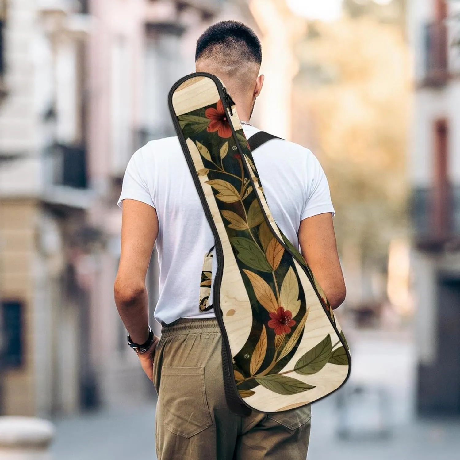 Letter J with Leaves Retro Pattern Ukulele Case, Padded Bag for 23 Inch Concert Ukulele, Waterproof & Durable