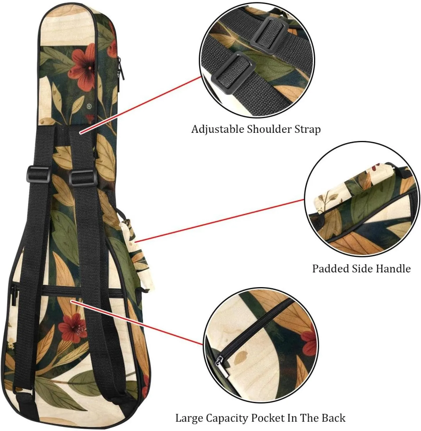 Letter J with Leaves Retro Pattern Ukulele Case, Padded Bag for 23 Inch Concert Ukulele, Waterproof & Durable