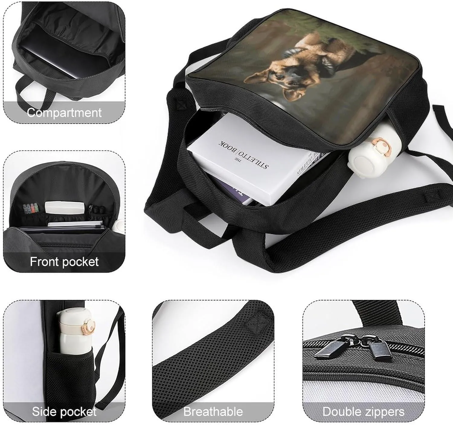 Lightweight Backpacks Cute Travel Bag Durable German Shepherd Printing Small Travel Backpack For Women & Men
