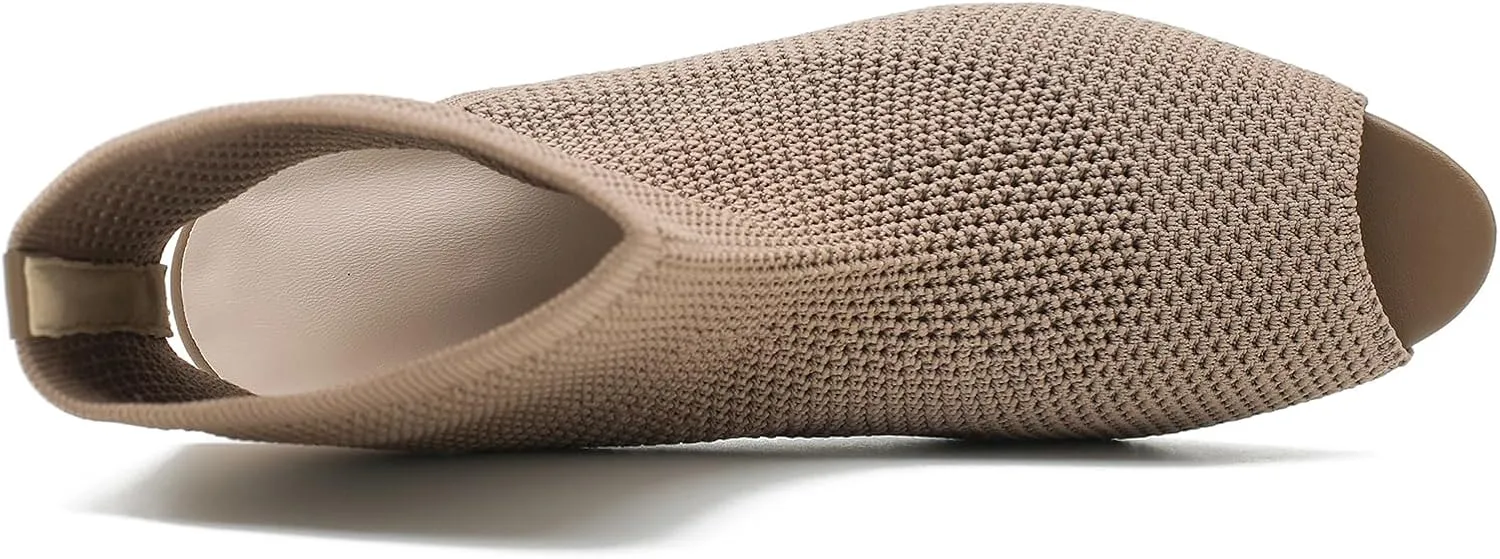 LIURUIJIA Women's Knit Slingback Chunky Heel Ankle Boots Open Toe Booties Hollow Heeled Sandals Summer Casual Slip On Dress Sock Booties For Women