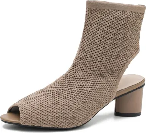 LIURUIJIA Women's Knit Slingback Chunky Heel Ankle Boots Open Toe Booties Hollow Heeled Sandals Summer Casual Slip On Dress Sock Booties For Women