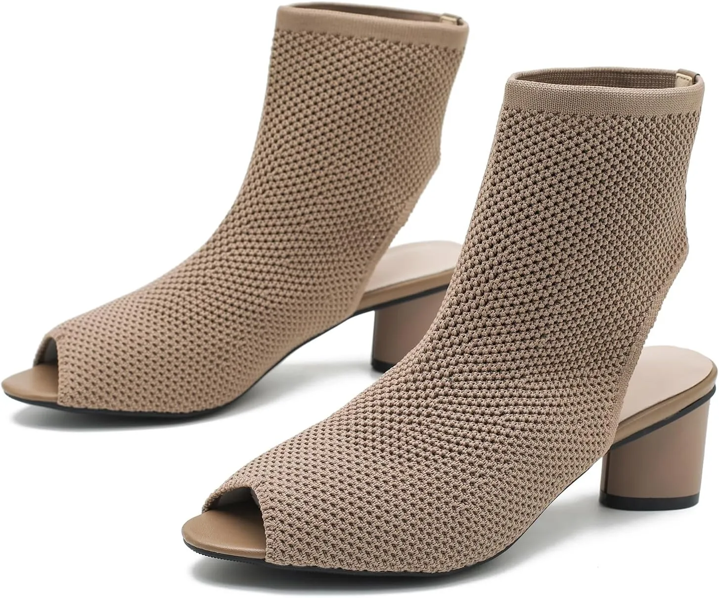 LIURUIJIA Women's Knit Slingback Chunky Heel Ankle Boots Open Toe Booties Hollow Heeled Sandals Summer Casual Slip On Dress Sock Booties For Women