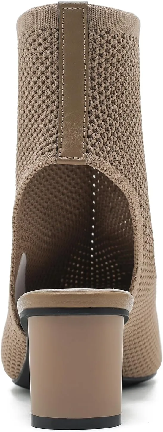 LIURUIJIA Women's Knit Slingback Chunky Heel Ankle Boots Open Toe Booties Hollow Heeled Sandals Summer Casual Slip On Dress Sock Booties For Women