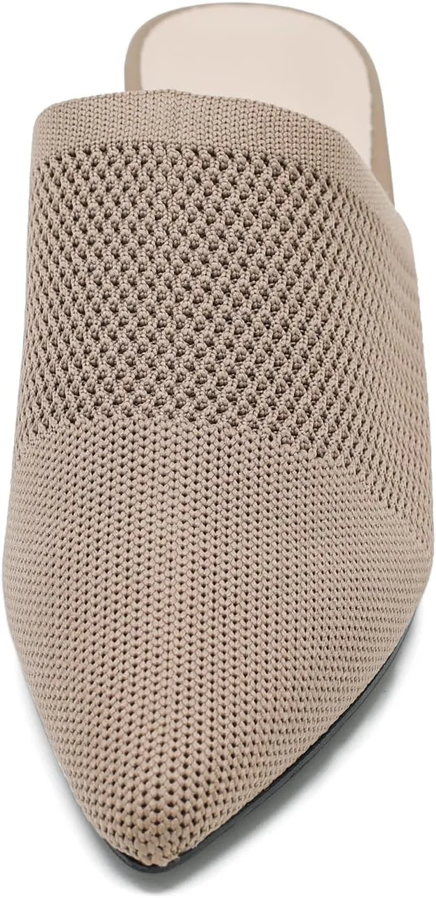 LIURUIJIA Women's Pointed Toe Mules Heels Chunky Heeled Sandals Breathable Mesh Knit Slip On Dress Sandals For Women