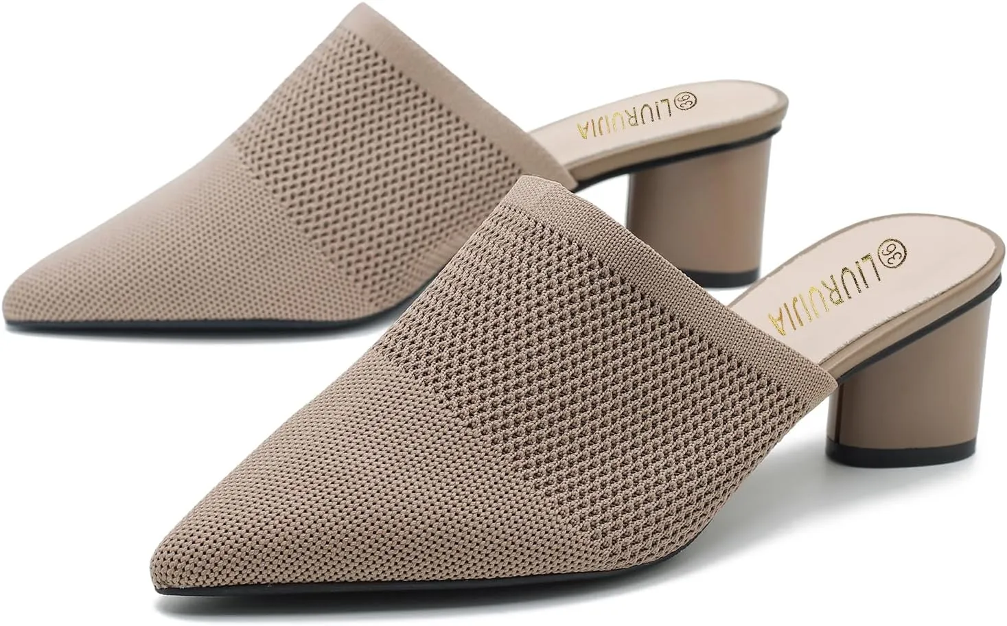 LIURUIJIA Women's Pointed Toe Mules Heels Chunky Heeled Sandals Breathable Mesh Knit Slip On Dress Sandals For Women