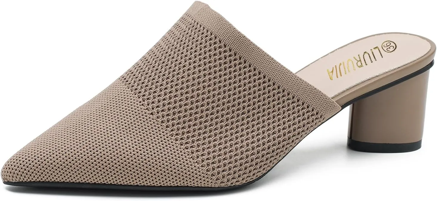 LIURUIJIA Women's Pointed Toe Mules Heels Chunky Heeled Sandals Breathable Mesh Knit Slip On Dress Sandals For Women