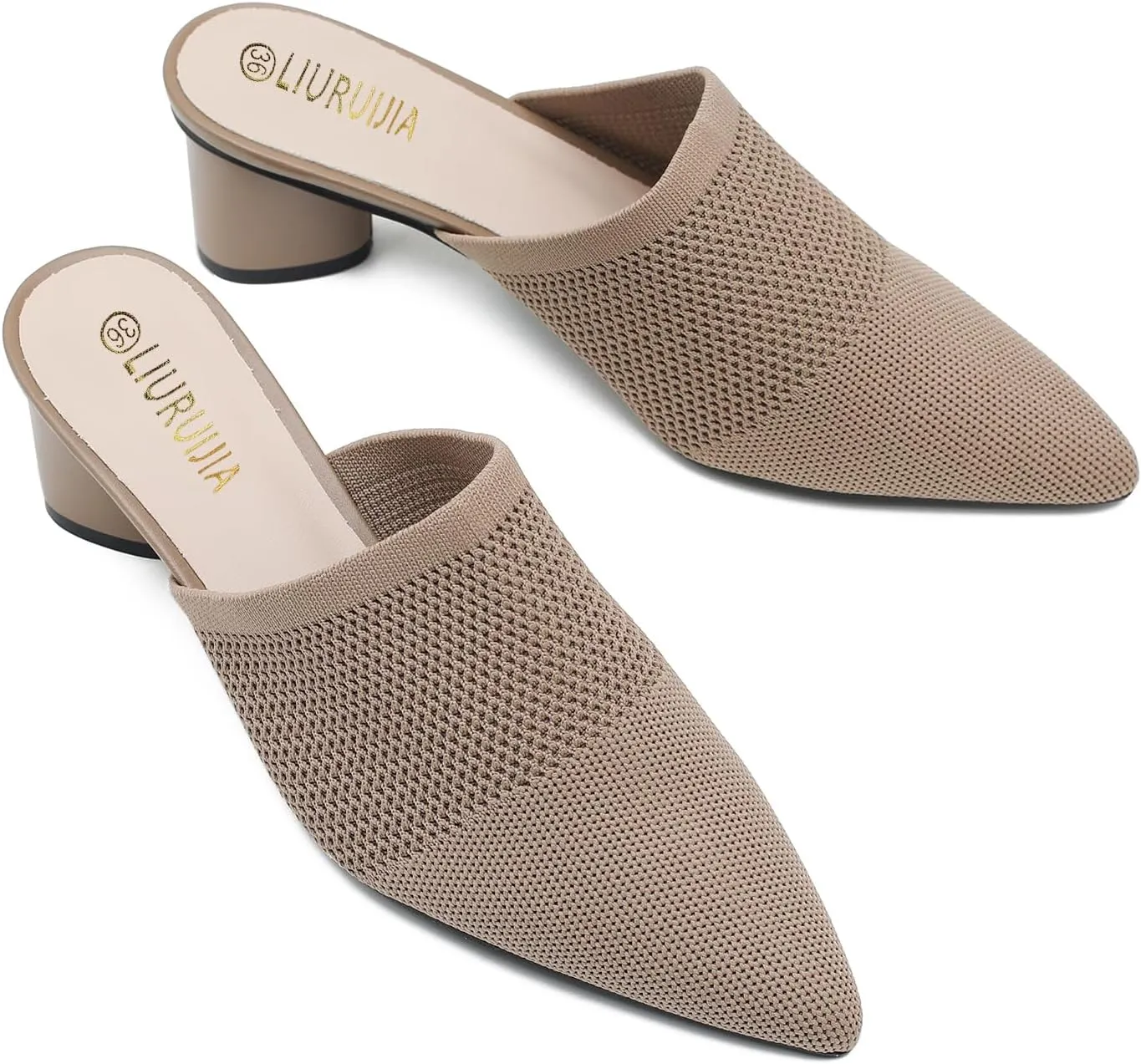 LIURUIJIA Women's Pointed Toe Mules Heels Chunky Heeled Sandals Breathable Mesh Knit Slip On Dress Sandals For Women