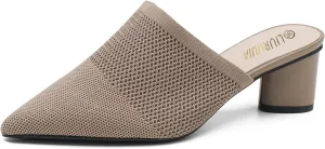 LIURUIJIA Women's Pointed Toe Mules Heels Chunky Heeled Sandals Breathable Mesh Knit Slip On Dress Sandals For Women