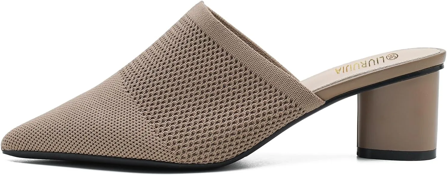 LIURUIJIA Women's Pointed Toe Mules Heels Chunky Heeled Sandals Breathable Mesh Knit Slip On Dress Sandals For Women