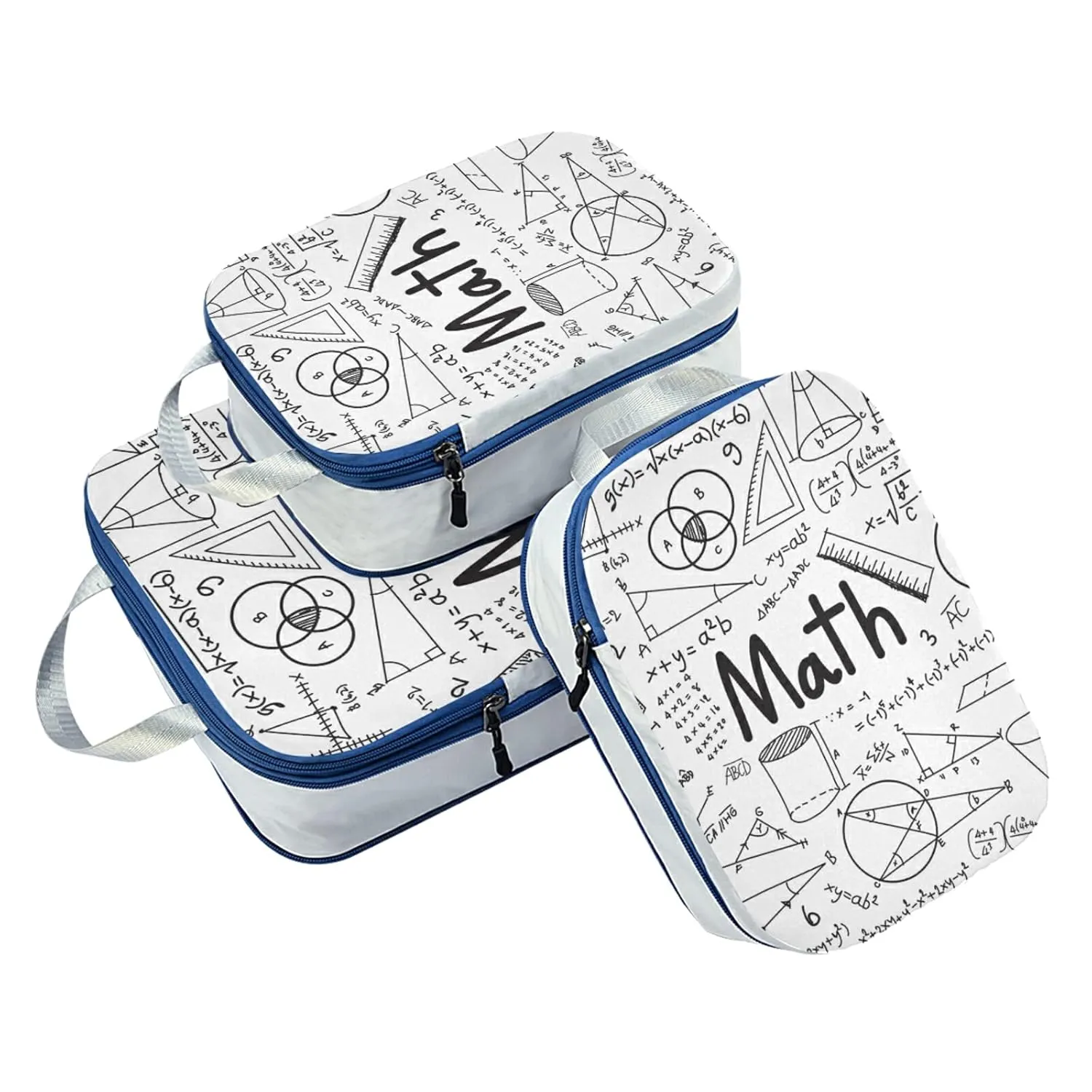 Mathematical Theory Formula Equation Doodle on White 3 Piece set Cubes Expandable Adjustable Luggage Packing Bags, Ultralight Organizer Accessories Travel Suitcase Compressible Bags