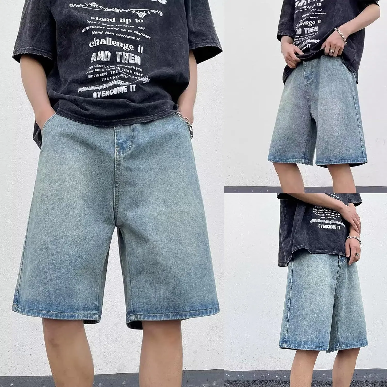 Mens Baggy Denim Jorts Y2K Loose Hip Hop Jean Shorts Casual Summer Long Jeans Streetwear