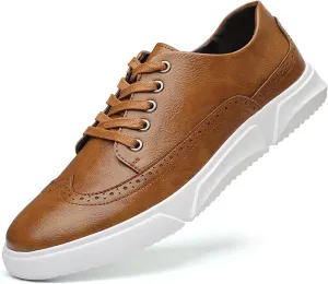 Men's Leather Brogue Wingtip Casual Oxford Shoes Fashion Non-Slip Round Head lace up Platform Dress Sneakers Casual Comfortable Office Work Shoes
