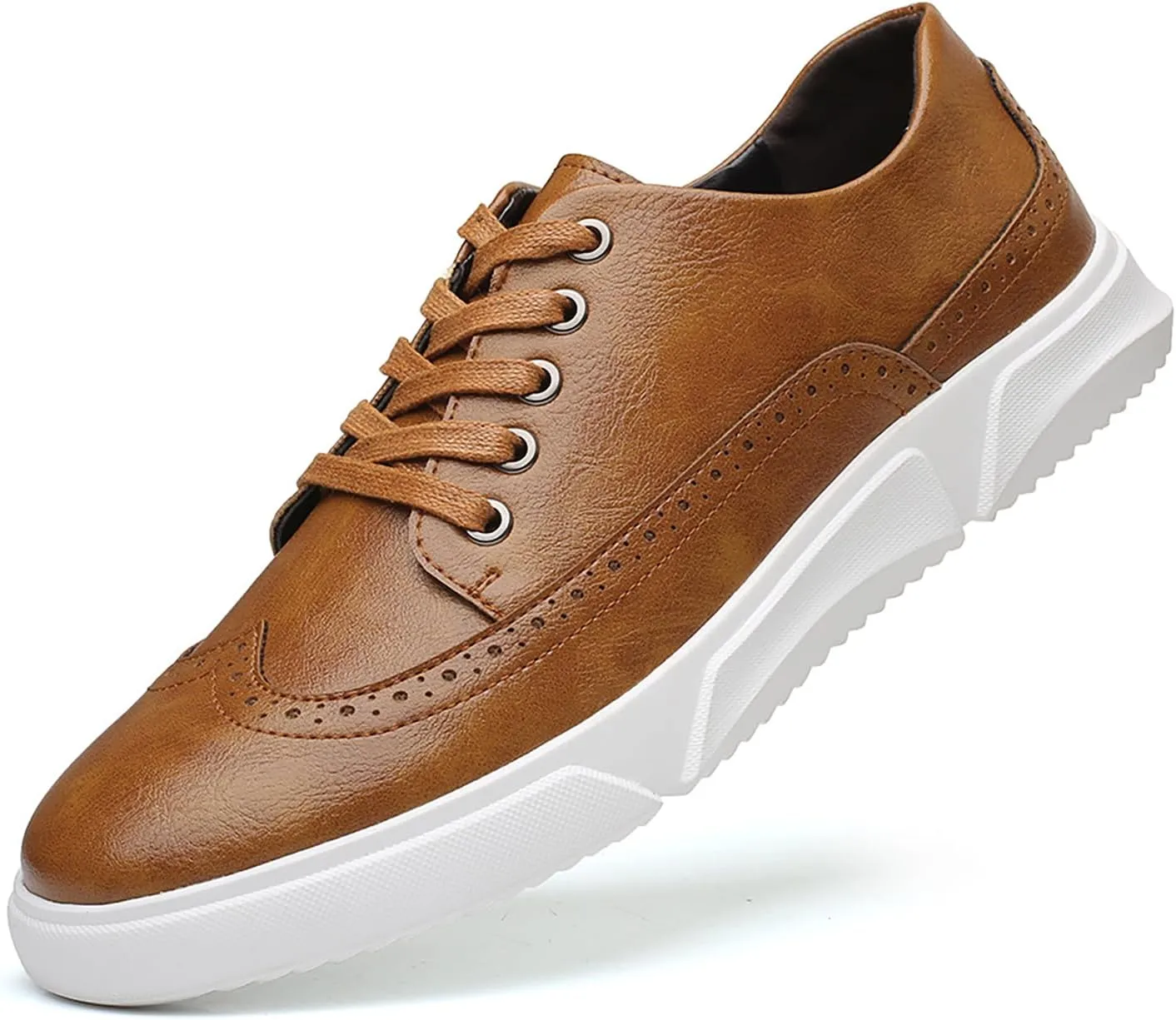 Men's Leather Brogue Wingtip Casual Oxford Shoes Fashion Non-Slip Round Head lace up Platform Dress Sneakers Casual Comfortable Office Work Shoes