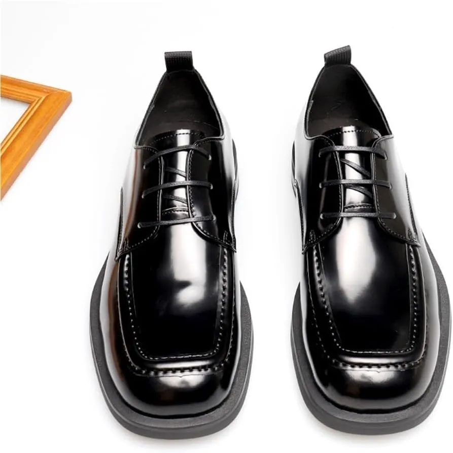 Men's Leather Lace Up Heightening Fashion Square Toe Oxfords Classic Casual Business Office Dress Shoes