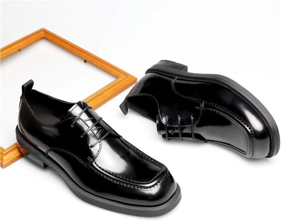 Men's Leather Lace Up Heightening Fashion Square Toe Oxfords Classic Casual Business Office Dress Shoes