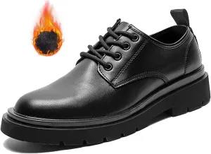 Men's Leather Retro Platform Oxfords Classic Lace Up Round Toe Anti-Slip Lug Sole Business Dress Shoes Comfortable Block Heel Formal Derbys Shoes