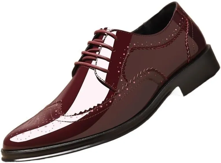 Men's Patent Leather Oxford Brogues -Formal Pointed Lace-Up Dress Shoes for Business & Tuxedo