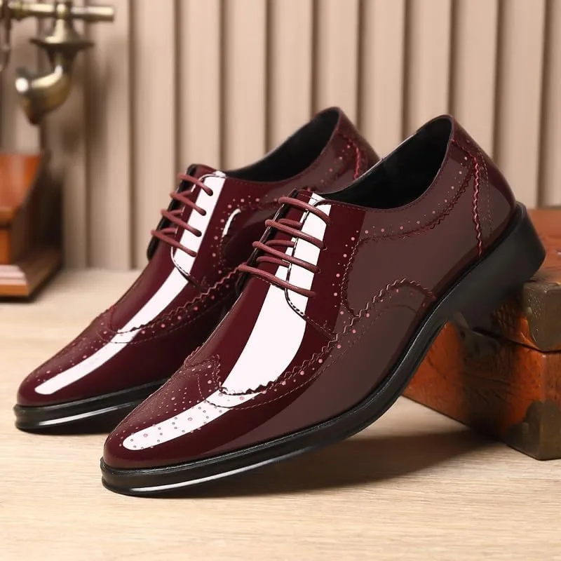 Men's Patent Leather Oxford Brogues -Formal Pointed Lace-Up Dress Shoes for Business & Tuxedo