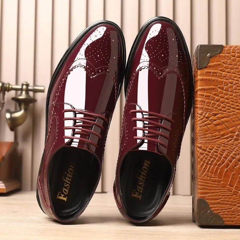 Men's Patent Leather Oxford Brogues -Formal Pointed Lace-Up Dress Shoes for Business & Tuxedo