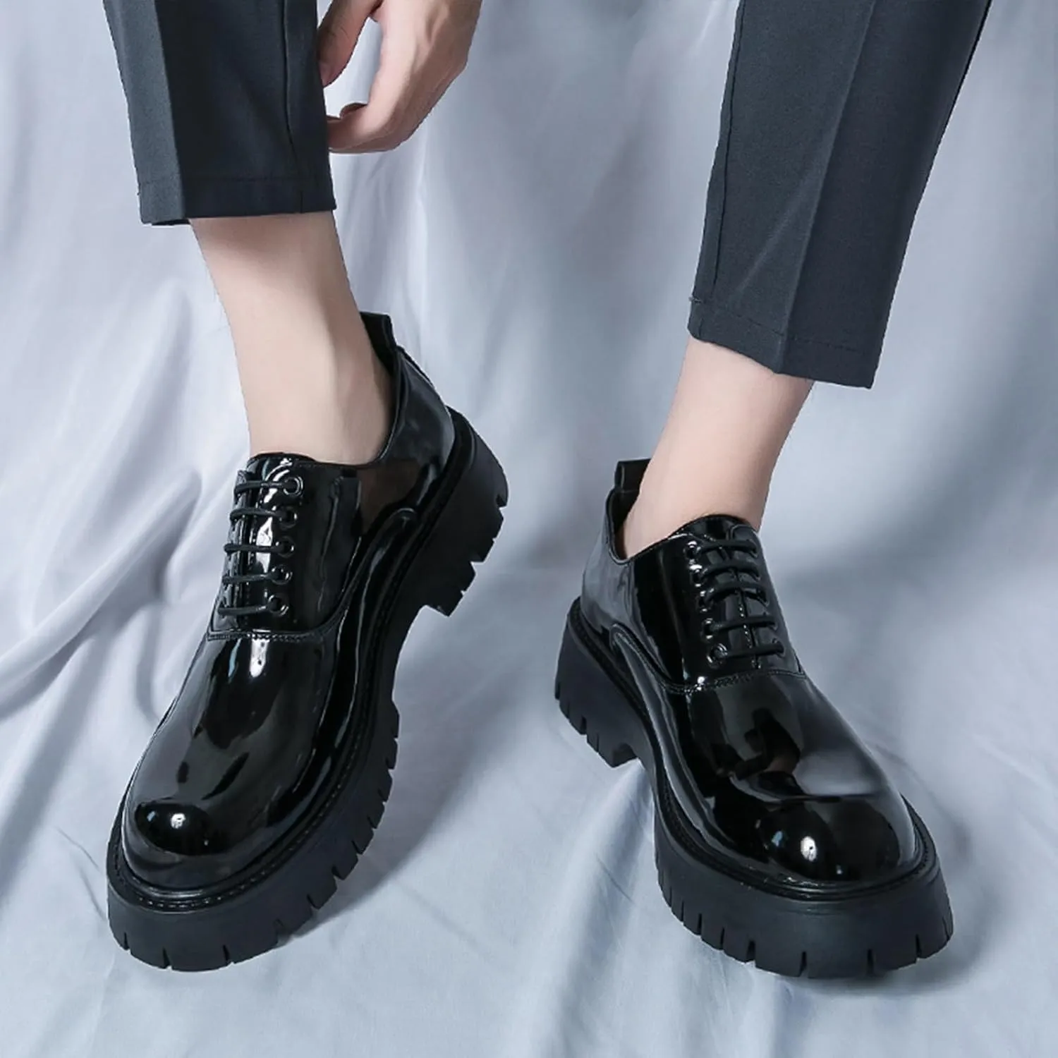 Men's Polishing Leather Lace-Up Chunky Heels Oxfords Lug Sole Fashion Round Toe Formal Business Shoes Comfortable Non-Slip Walking Sneakers