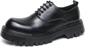 Men's Polishing Leather Lace-Up Chunky Heels Oxfords Lug Sole Fashion Round Toe Formal Business Shoes Comfortable Non-Slip Walking Sneakers