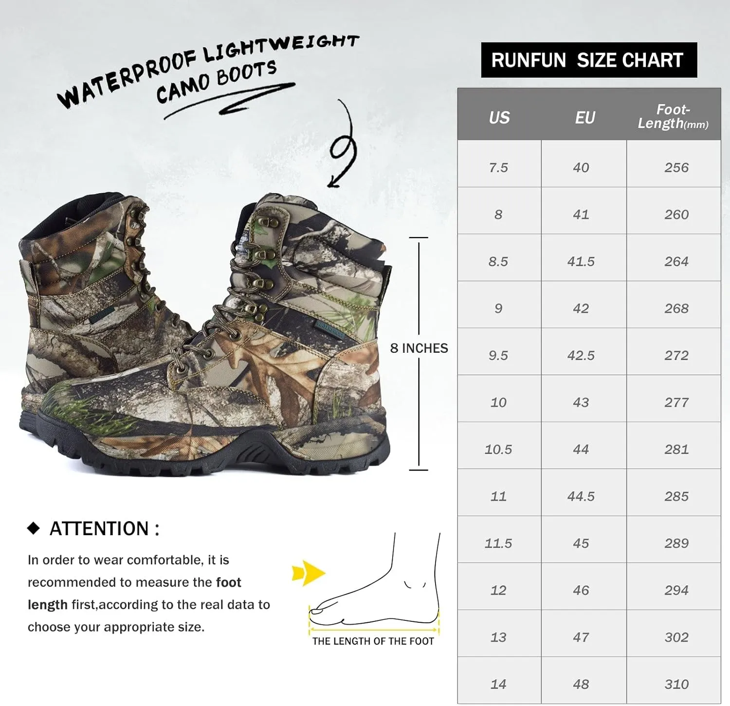 Men's Waterproof Hunting Boots Lightweight Hiking Boot Insulated Work Boots, 7" Breathable Non-slip Outdoor Shoes, 200g Thinsulate