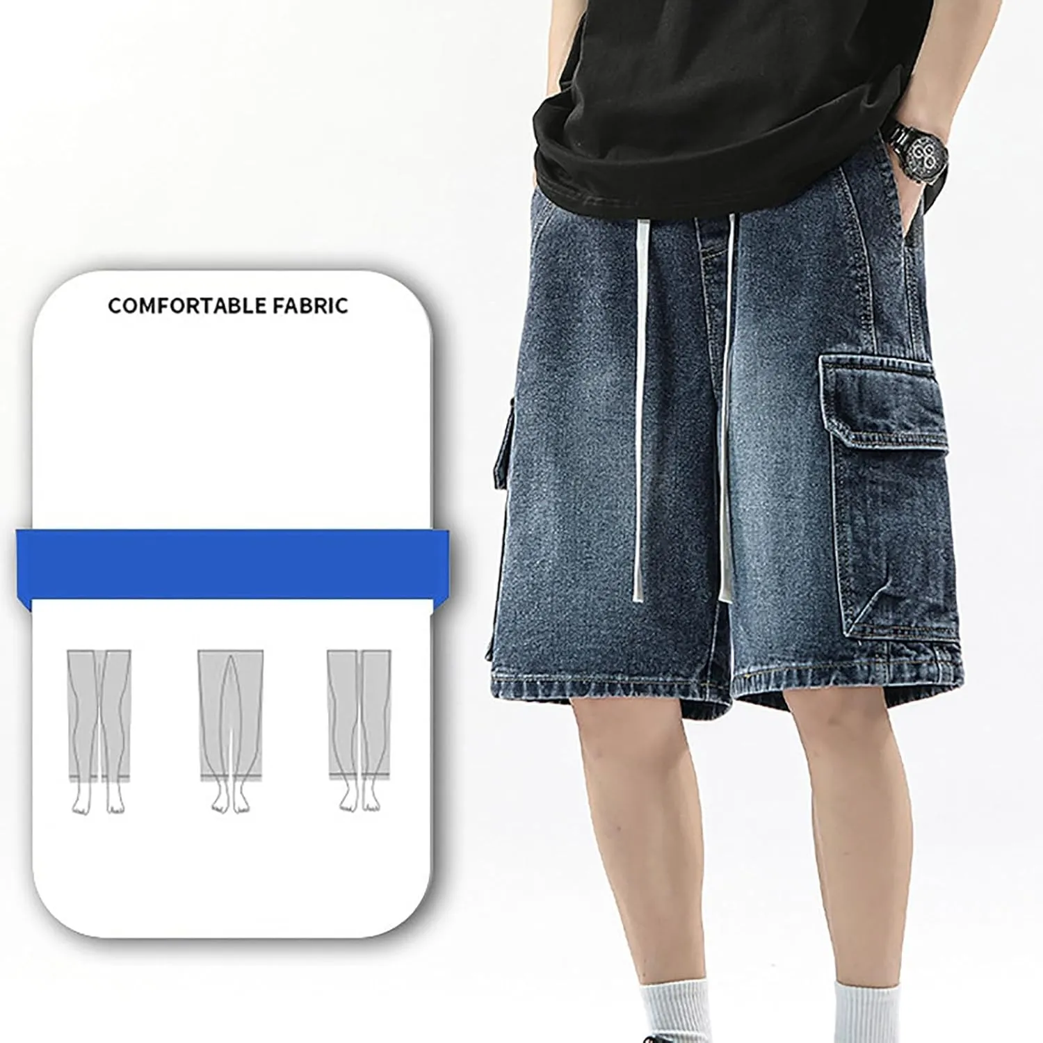 Mens Y2K Baggy Jean Shorts Summer Casual Hip Hop Skateboard Pants Loose Denim Shorts with Pockets Streetwear