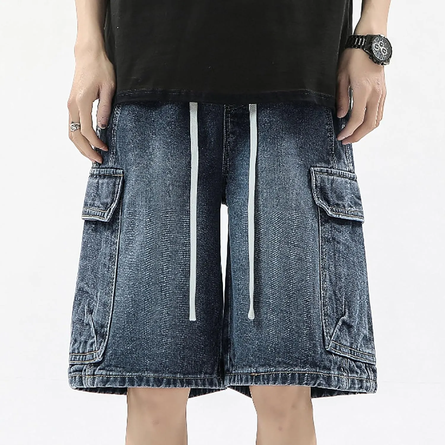 Mens Y2K Baggy Jean Shorts Summer Casual Hip Hop Skateboard Pants Loose Denim Shorts with Pockets Streetwear