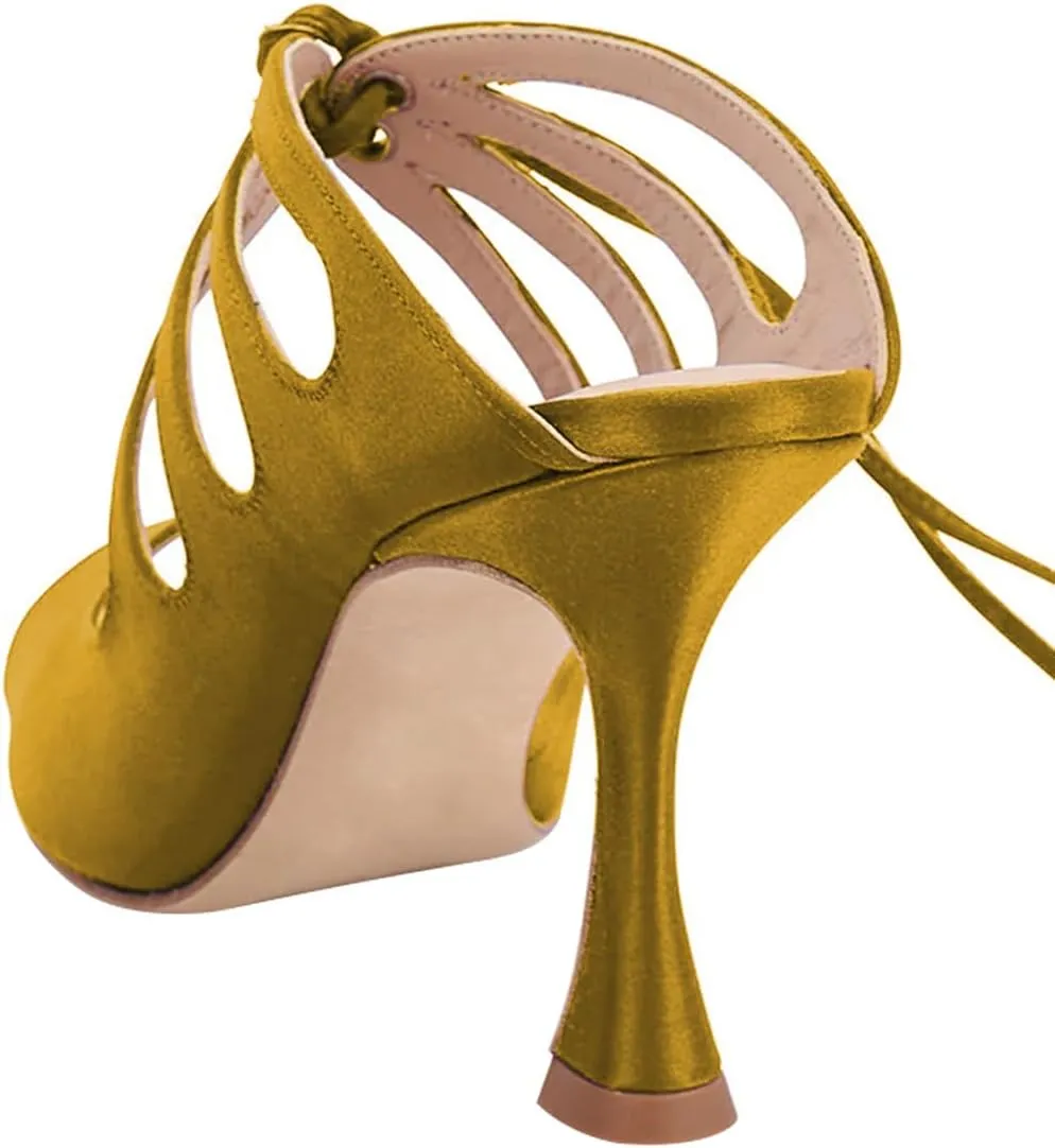 miss left Women Unique Open Toe Strappy Satin Mules High Heel Cutout Lace Up Fashion Party Event Casual Sandals Size 4-16 US