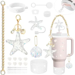 Ocean Theme Accessories for Stanley Cup Tumbler 30 oz 40 oz, Including Straw Cover Topper, Protective Boot, Water Bottle Handle, Silicone Spill Proof Stopper, Keychain Charms,Sticker