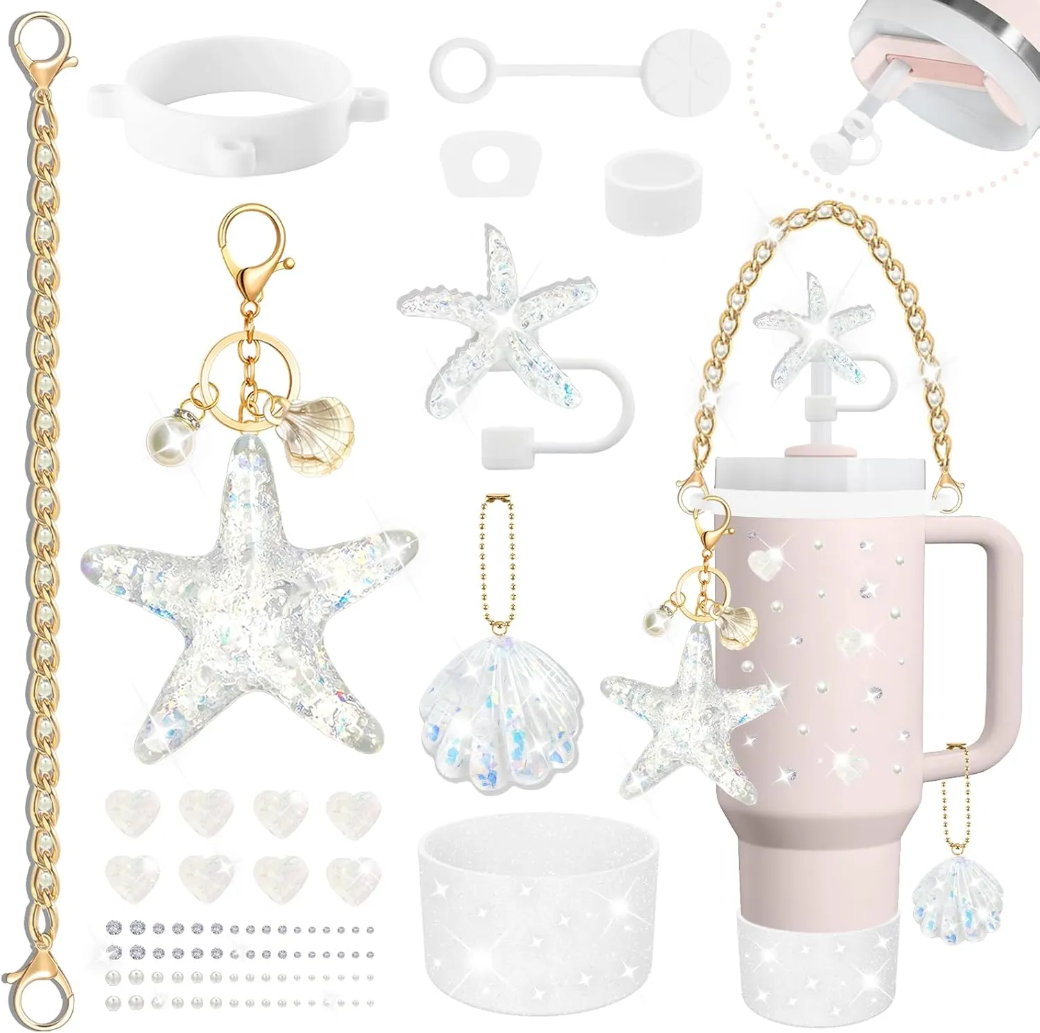Ocean Theme Accessories for Stanley Cup Tumbler 30 oz 40 oz, Including Straw Cover Topper, Protective Boot, Water Bottle Handle, Silicone Spill Proof Stopper, Keychain Charms,Sticker