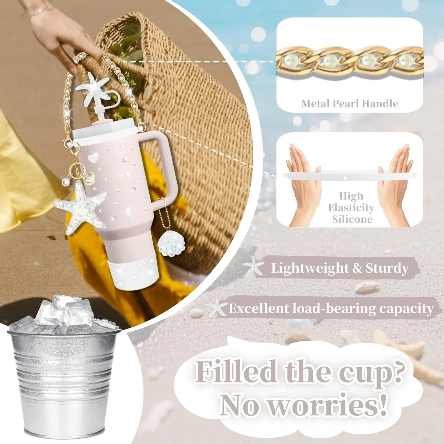 Ocean Theme Accessories for Stanley Cup Tumbler 30 oz 40 oz, Including Straw Cover Topper, Protective Boot, Water Bottle Handle, Silicone Spill Proof Stopper, Keychain Charms,Sticker