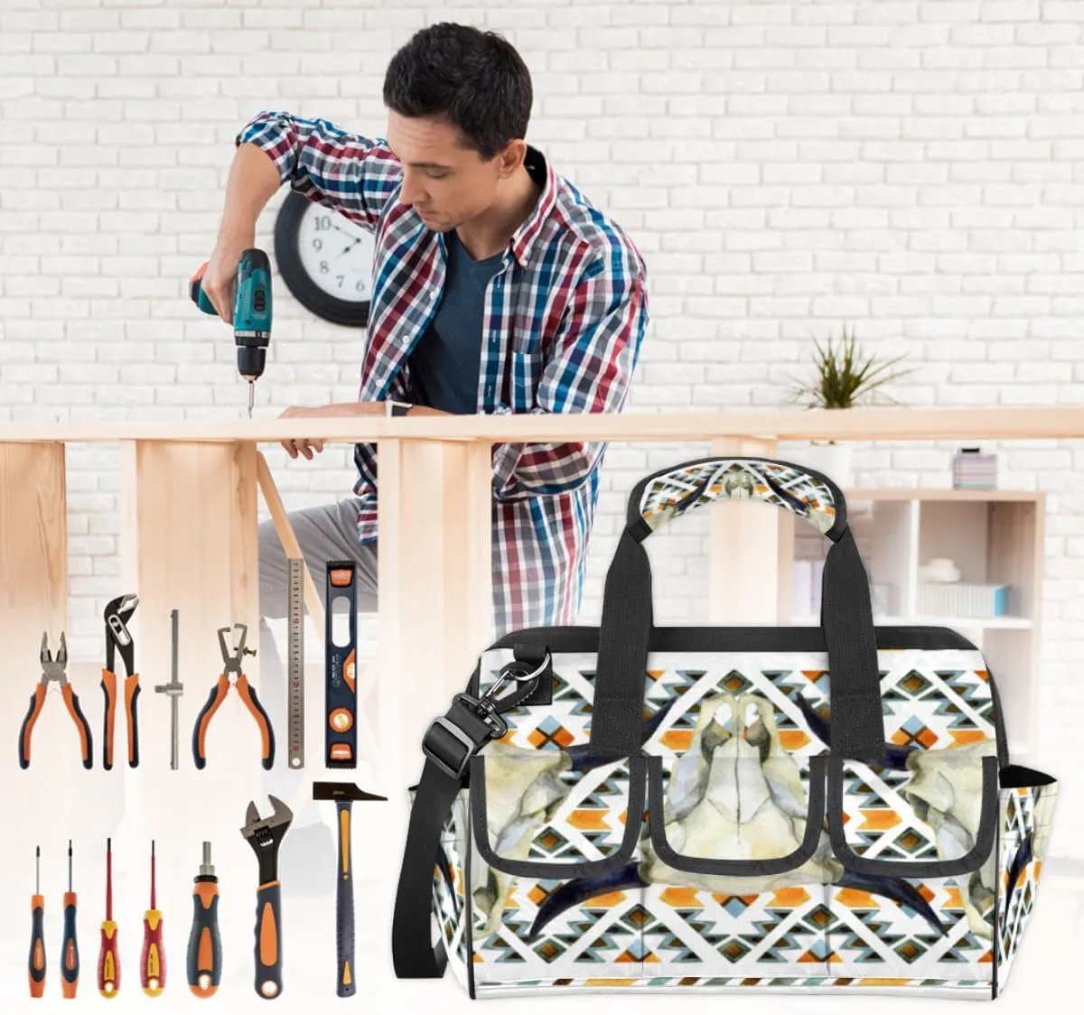 Ox Head Bone Durable Tool Bag for Men with Multiple Pockets - Waterproof Oxford Cloth, Sturdy Zipper, Adjustable Shoulder Strap - Ideal for Woodworking, Maintenance, and Outdoor Activities