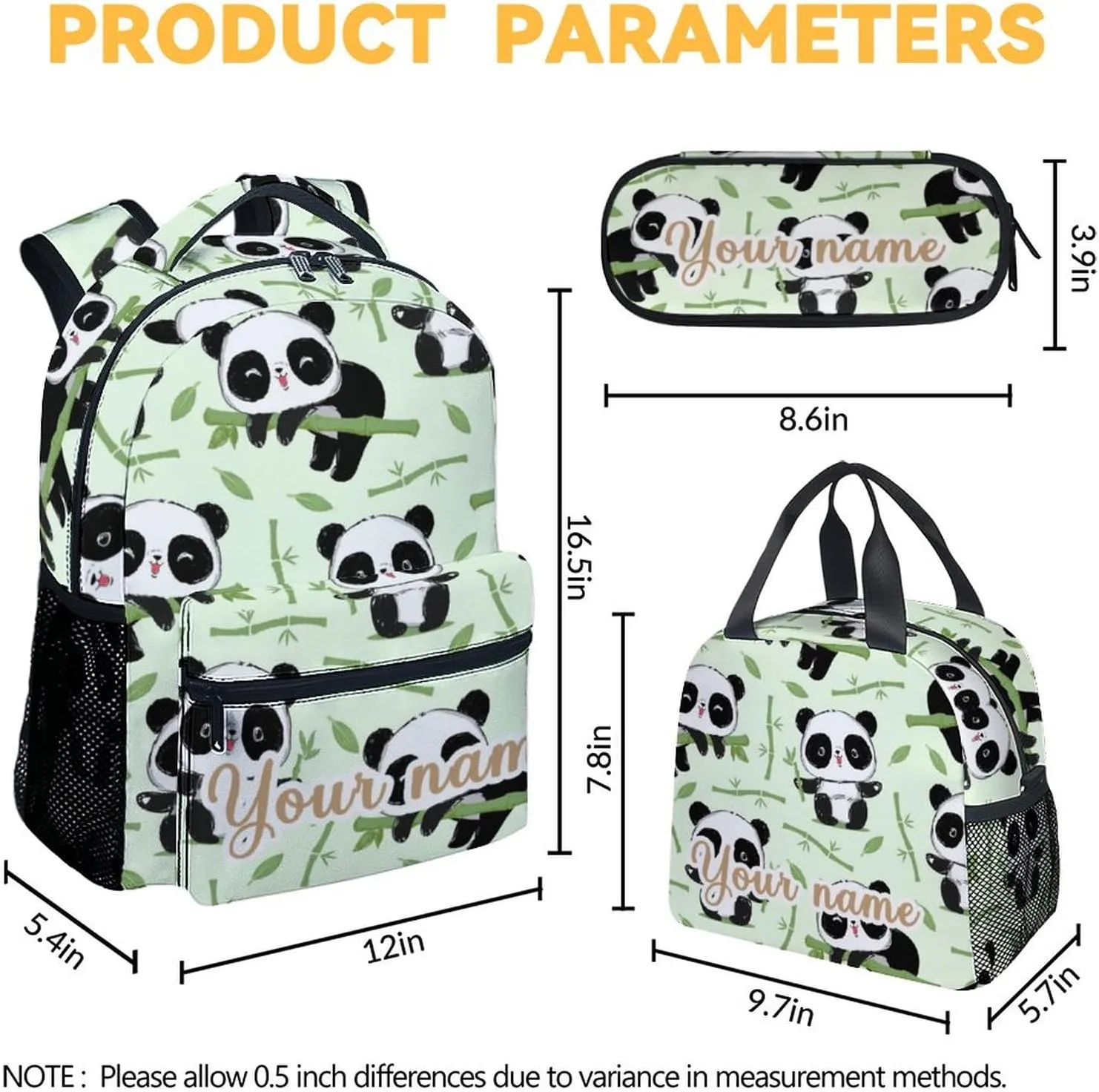 Personalized Panda Backpack with Lunch Box And Pencil Case, 16 Inch Panda Theme Bookbag with Adjustable Straps, Durable, Lightweight, Large Capacity, School Backpack for Girls Women