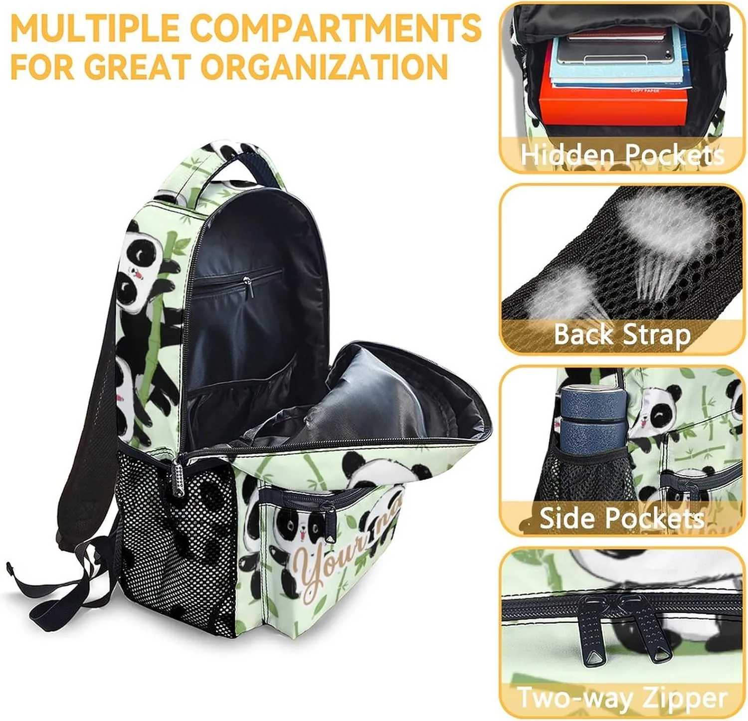 Personalized Panda Backpack with Lunch Box And Pencil Case, 16 Inch Panda Theme Bookbag with Adjustable Straps, Durable, Lightweight, Large Capacity, School Backpack for Girls Women