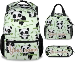 Personalized Panda Backpack with Lunch Box And Pencil Case, 16 Inch Panda Theme Bookbag with Adjustable Straps, Durable, Lightweight, Large Capacity, School Backpack for Girls Women