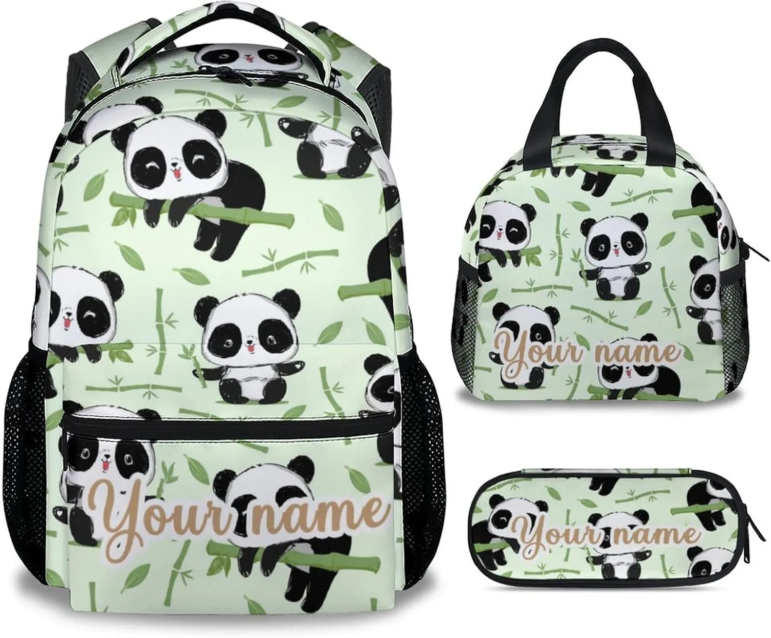 Personalized Panda Backpack with Lunch Box And Pencil Case, 16 Inch Panda Theme Bookbag with Adjustable Straps, Durable, Lightweight, Large Capacity, School Backpack for Girls Women