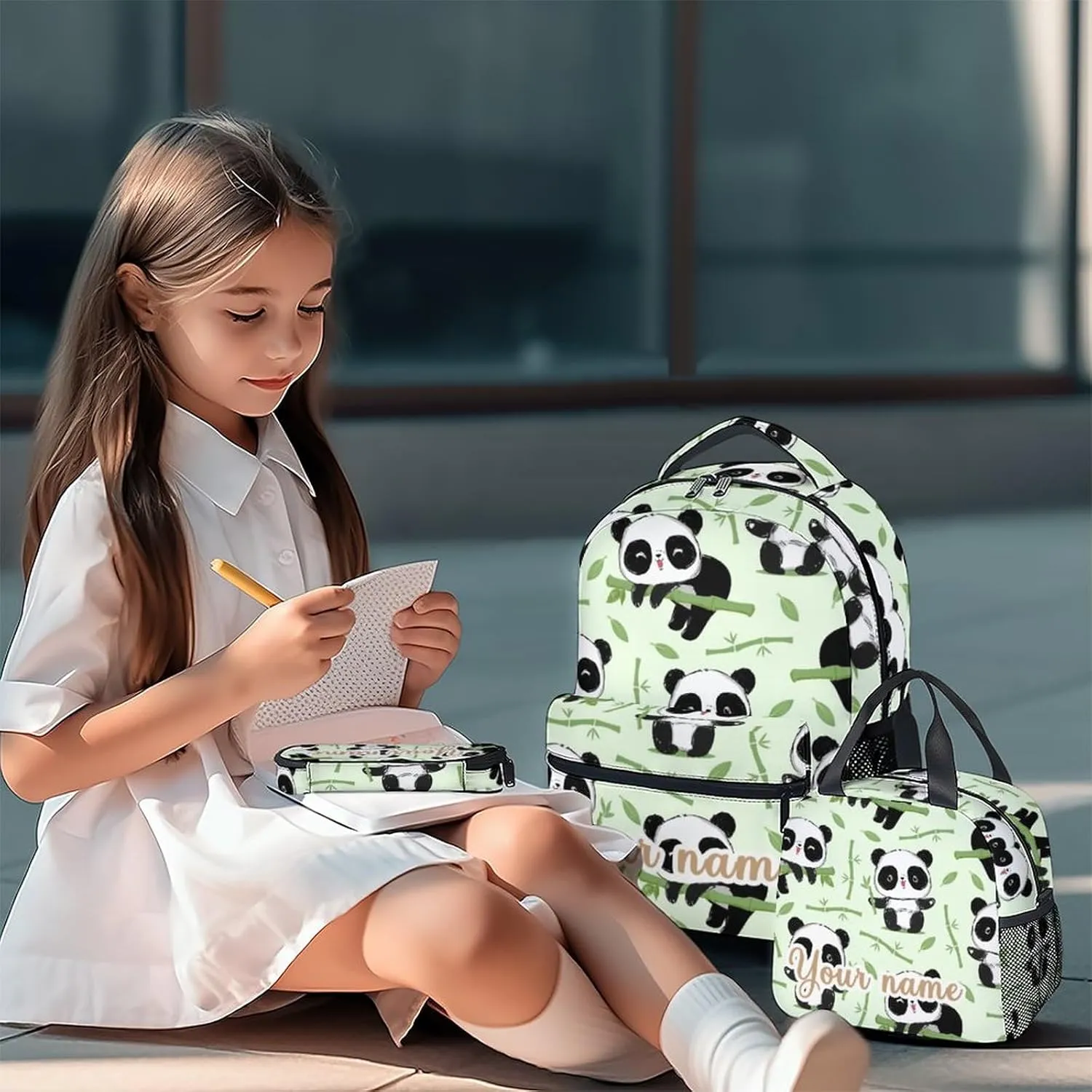 Personalized Panda Backpack with Lunch Box And Pencil Case, 16 Inch Panda Theme Bookbag with Adjustable Straps, Durable, Lightweight, Large Capacity, School Backpack for Girls Women