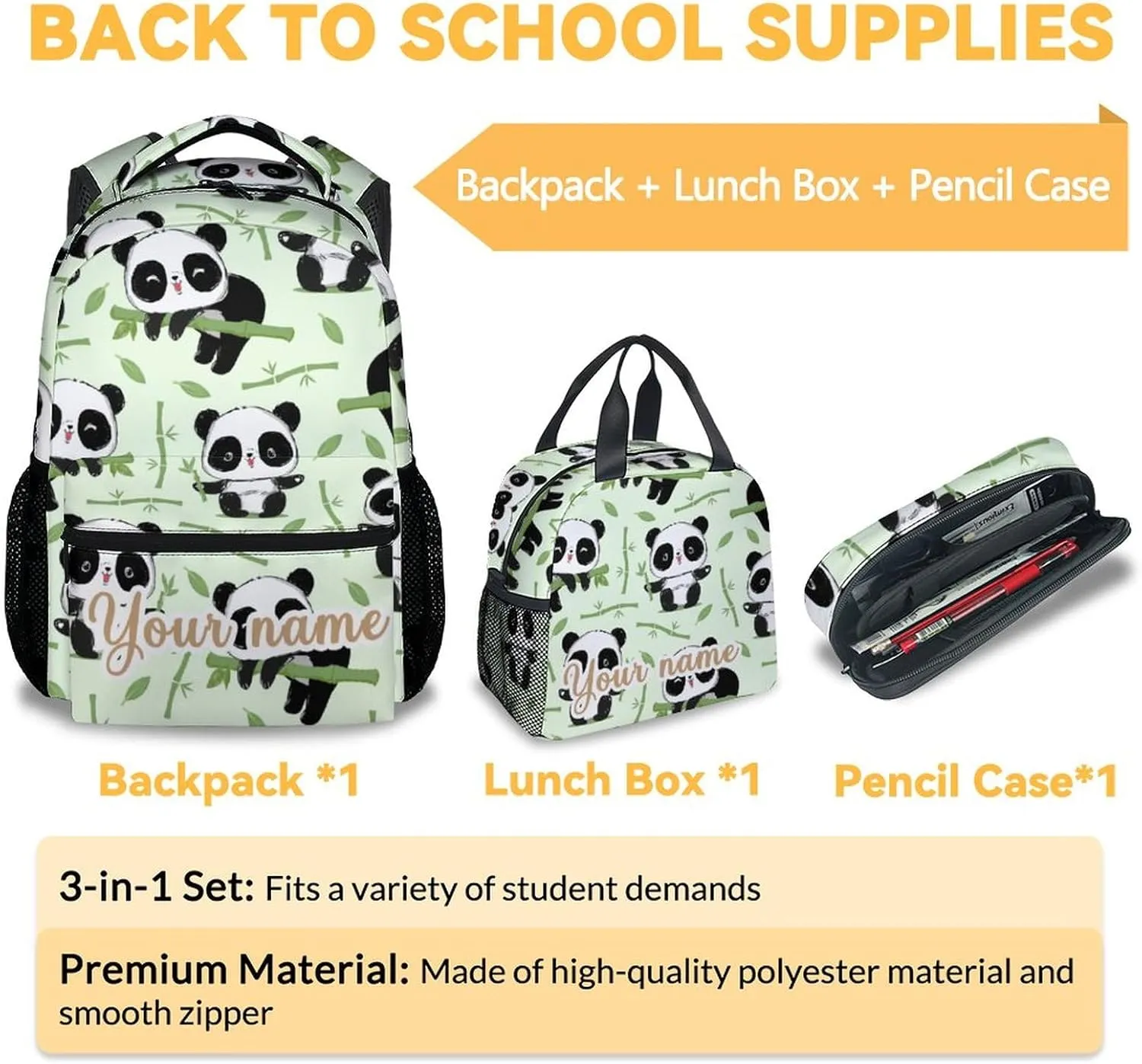 Personalized Panda Backpack with Lunch Box And Pencil Case, 16 Inch Panda Theme Bookbag with Adjustable Straps, Durable, Lightweight, Large Capacity, School Backpack for Girls Women